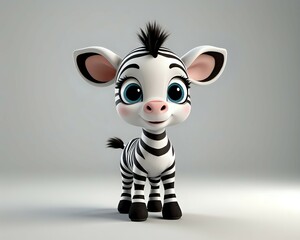 Adorable 3D-rendered baby zebra foal, large eyes, standing, cute cartoon style, white background.