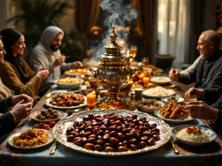 Family gathering around a large table filled with traditional dishes at a cozy evening meal
