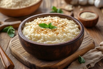 Cauliflower rice risotto seasoned with spices and decorated with fresh basil, served in a wooden bowl, offers a healthy and delicious alternative to traditional risotto
