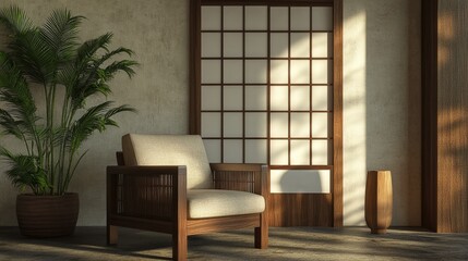 A 3D-rendered tropical room with a Japanese screen and sleek wooden armchair highlights harmony in design.