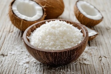 Grated coconut meat in a small wooden bowl with whole and halved coconuts on a rustic wooden surface