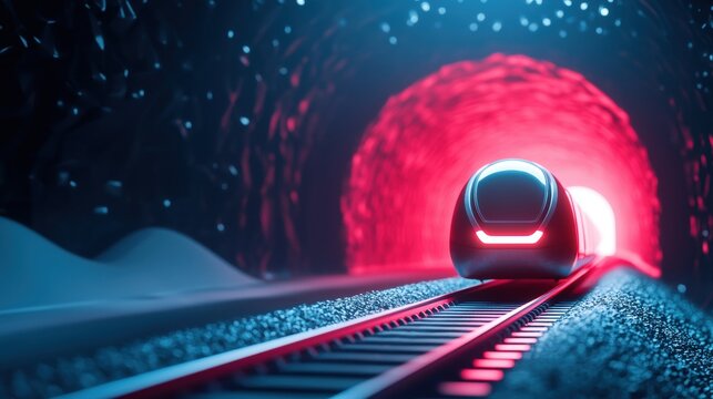 A hyperloop capsule entering a brightly lit tunnel with a minimalist design, emphasizing the smoothness and efficiency of the transportation system.