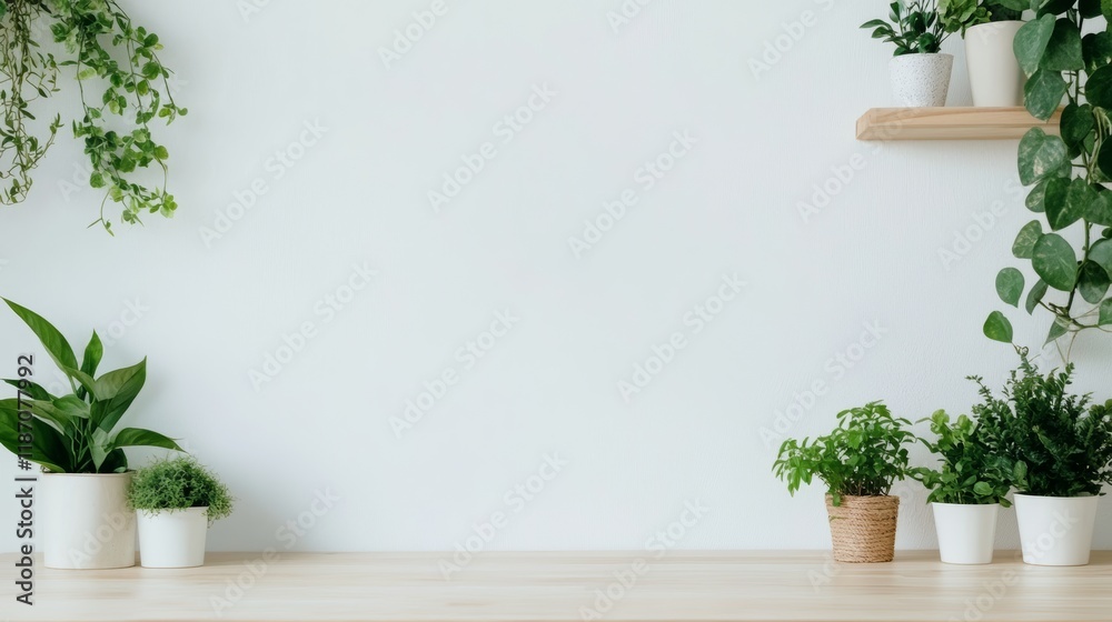 Poster potted plants arranged on a wooden shelf and countertop against a clean white wall create a tranquil
