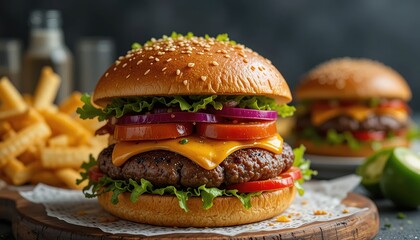 Freshly prepared cheeseburger sliders on a baking sheet, featuring sesame seed buns, melted cheese, lettuce, tomatoes, and various toppings. A perfect party appetizer or snack.
