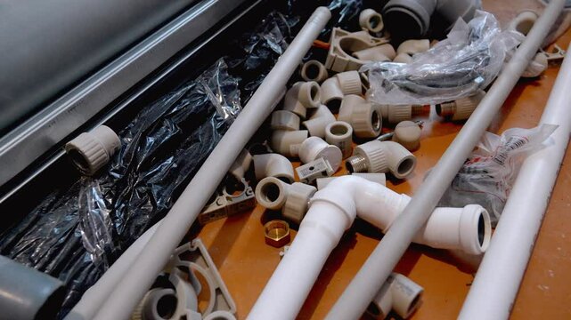 PVC pipes and fittings in preparation for plumbing installation or repair. Focus on organizing tools and materials to set up your plumbing system efficiently