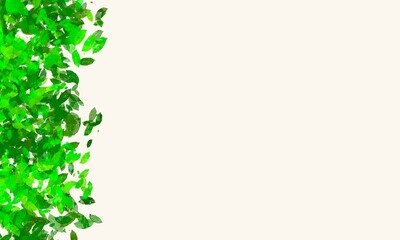 Fototapeta premium Abstract illustration of vibrant green leaves forming a vertical decorative border on the left side of a light beige background.