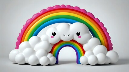 Cheerful 3D render of a rainbow and clouds; whimsical, cute cartoon style; ideal for children's products, websites, or branding.