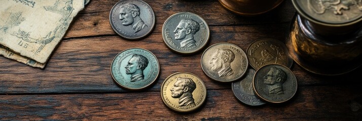 Antique coins and stamps displayed on vintage wooden surface showcasing historical details and worn textures. Generative AI