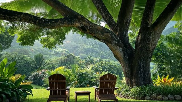 Lounge seats in the yard beneath a tree
