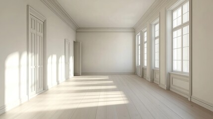 Obraz premium A minimalist 3D-rendered room with large white walls and light wooden flooring captures Scandinavian simplicity and calmness.
