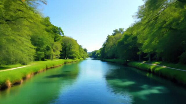 River that is running through a park with trees, landscape background 