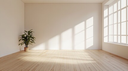 Obraz premium A minimalist 3D-rendered room with large white walls and light wooden flooring captures Scandinavian simplicity and calmness.