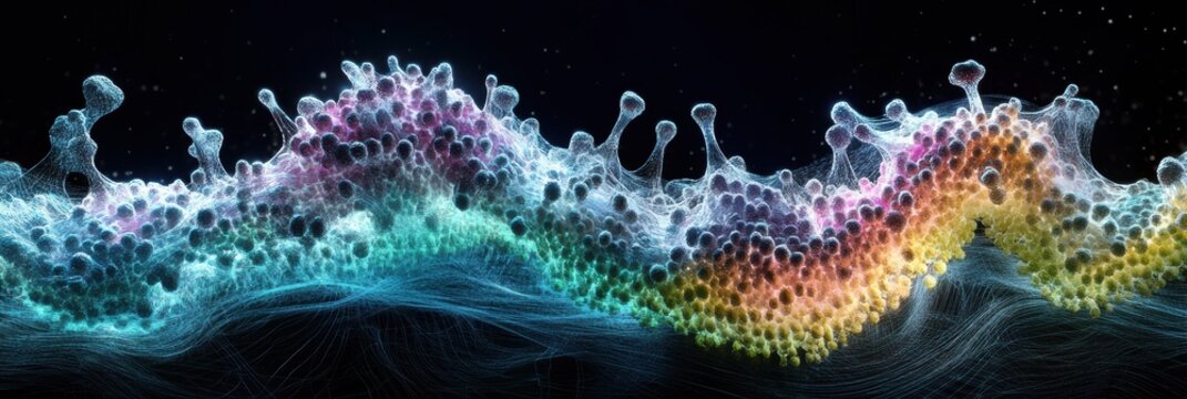 Detailed 3D visualization reveals intricate structure of virus with capside, spikes, and glowing RNA strands. Generative AI