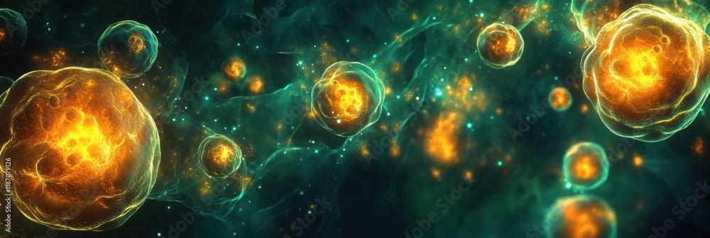 Poster Cancer cells illuminated with glowing edges showcasing their structure and activity in an abstract representation. Generative AI