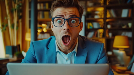 Excited young businessman sitting in his office, looking at the laptop computer device with surprised reaction. wearing glasses and blue suit. male person or entrepreneur shocked, wow face expression.