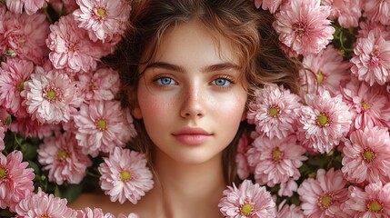 Naklejka premium Beautiful woman with blue eyes surrounded by pink flowers.