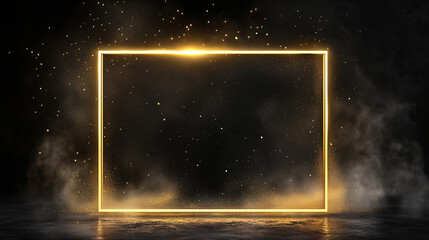 Obraz premium Golden luxury glowing rectangular frame with gold dust on the black background, elegant backdrop, award ceremony banner