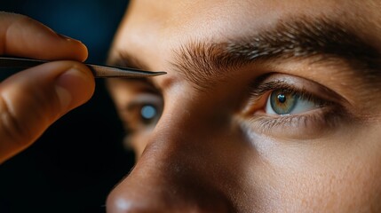 man trimming his eyebrows with tweezers
