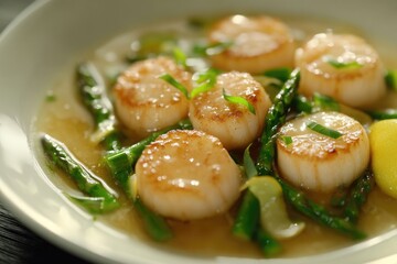 Pan-seared scallops with asparagus and a light lemon sauce.