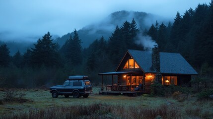 Cozy cabin in misty forest at dusk with parked SUV.