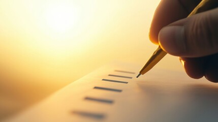 Hand Holding Gold Pen Writing Notes on Blank Paper in Soft Sunrise Light
