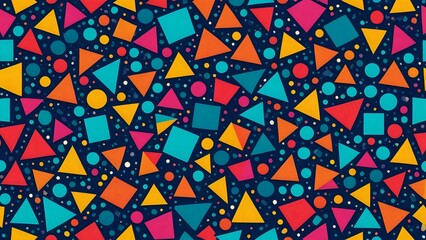 Vibrant geometric pattern featuring colorful triangles, circles, and squares on a dark background. Ideal for textile design, wallpapers, or website backgrounds.