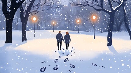 A couple walking hand-in-hand through a snowy park, with their footprints leaving a trail in the fresh snow, surrounded by snow-covered trees and falling flakes