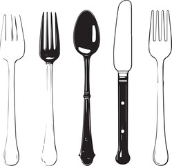 Cutlery, fork, spoon, knife silhouette black and white design 