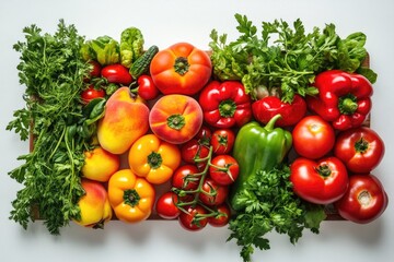 A vibrant collection of fresh vegetables, including tomatoes, peppers, and herbs, arranged on a wooden board.