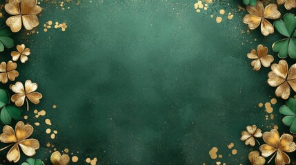 Golden Shamrocks Frame Emerald Green Background