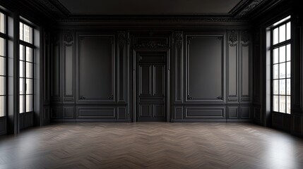 Fototapeta premium A sophisticated black-paneled room with wooden floors, 3D-rendered to showcase its potential for modern or classic design.