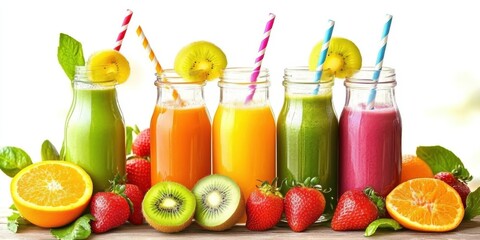Colorful fruit smoothies, glass bottles with striped straws, vibrant fruit juices, fresh fruits, healthy drinks, white background, high resolution, food photography, bright colors, orange juice, straw