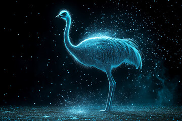Glowing wireframe an ostrich standing in the savannah on a transparent background, highlighted by a combination of blue and black data points


