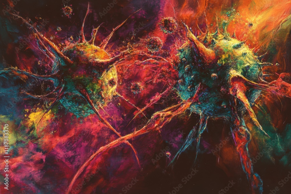 Aufkleber Vibrant depiction of antibodies engaging with viruses in a dynamic and colorful environment. Generative AI