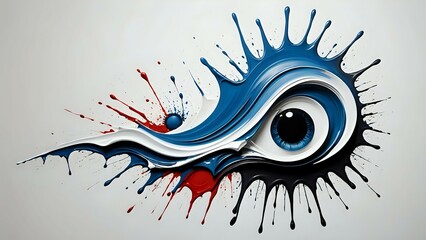 Abstract eye painting with blue, white, red and black paint splashes; creative, artistic, modern eye artwork.