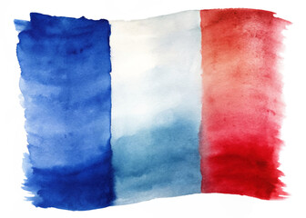 Watercolor French flag, vibrant blue, white, red colors, artistic design, patriotic symbol, abstract style.