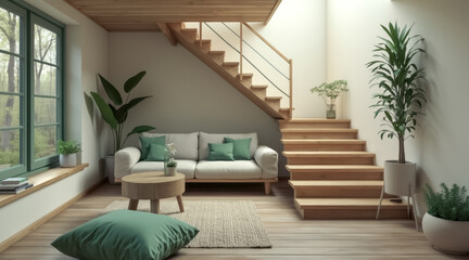 Fototapeta premium serene living room with wooden staircase greenery