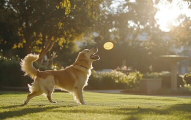 Golden retriever catching a frisbee on a sunny lawn — joy, activity, and energy.