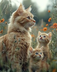Ginger cat and kittens in flowers.