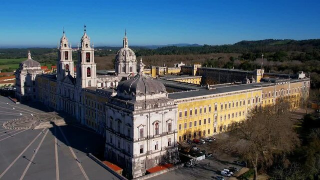 landmarks of Portugal. Mafra National Palace, barocco style. Unesco heritage site. High angle drone aerial view 4k hd video