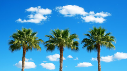 Fototapeta premium Vibrant palm trees against a clear blue sky with clouds, perfect for tropical travel themes, vacation marketing, or nature-inspired designs