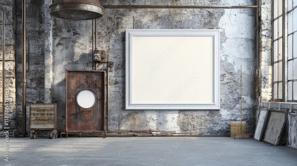 Poster Empty Frame in a Rustic Industrial Setting