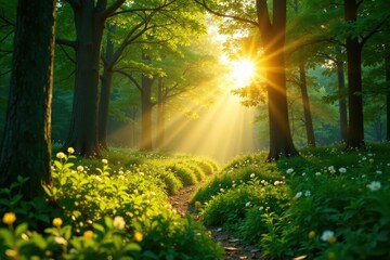 Obraz premium Golden hour sunbeams illuminate a vibrant green summer forest , natural, calm