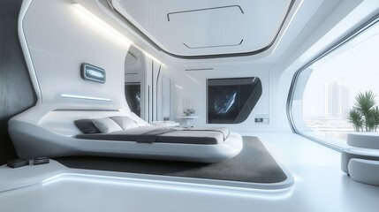 Modern minimalist bedroom design with lighting and sleek furnishings