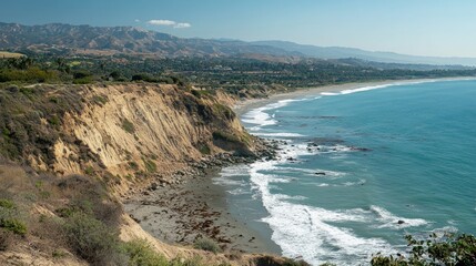 Obraz premium Coastal Cliffs Beach Ocean And Mountain View