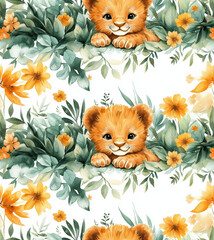 Fototapeta premium Adorable watercolor seamless pattern showcasing cute lions nestled in a garden of bright flowers and green leaves, ideal for fun children's clothing and decor.