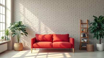 red couch a sunlit room with white brick wall