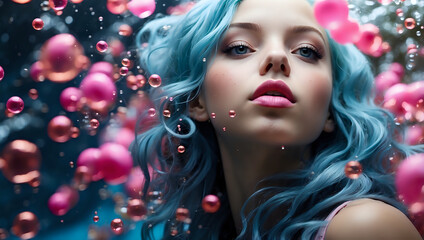 Fototapeta premium Young woman with blue hair looking up from under water, pink bubbles rising past.