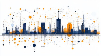 Abstract digital city skyline with vibrant colors and geometric patterns representing technology, innovation, and urban life in a modern context.