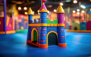 Colorful bright toy castle with towers and a waving flag.